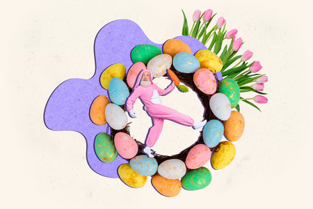 Composite photo collage of happy old pensioner wear bunny costume run carrot easter egg hunt game...