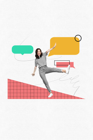 3d vertical image artwork collage of happy girl stand cloud speech message notification correspondence messenger dialogueの写真素材