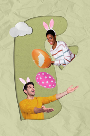 Vertical photo collage of happy american girl guy play easter egg hunt throw catch bunny ears...