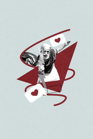 Vertical zine image artwork collage of angry man heat weapon heart icon social media blogging...