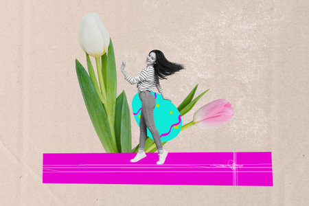 Creative design composite artwork collage of springtime religion feast paschal festive eggs young lady nice dance big size tulip flowerの写真素材