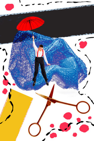 Vertical art creative collage of astonished man hold umbrella fly weather rain cyclone doodle cut scissors plastic cellophane damageの写真素材