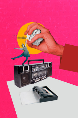 Art image vertical photo collage of happy pinup girl dance retro boombox player weekend celbration...
