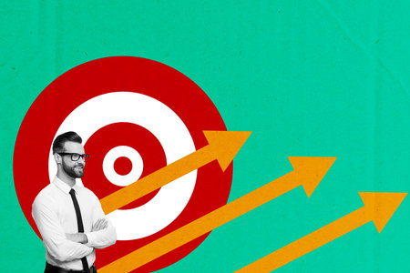 Sketch composite 3D photo collage trend artwork of young businessman success stand arrow graphics trader stats office worker managerの写真素材