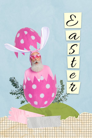 Vertical picture collage retired man grandfather rabbit costume outfit inside egg shell crack separated half easter tradition huntの写真素材