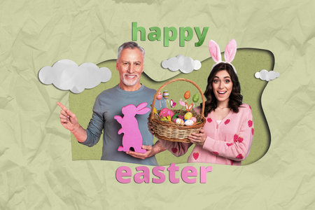 Composite photo collage of young girl daughter old man father hold bunny figurine basket sweets...