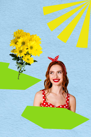 Vertical art trend collage of happy pinup girl smile wear dotted headband chrysanthemum flower bloom bouquet spring season sunの写真素材
