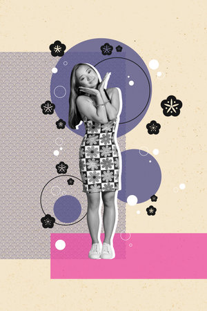 Exclusive image vertical photo collage of happy sweet girl stand spring park walk sakura flower bloom bud oriental traditionの写真素材