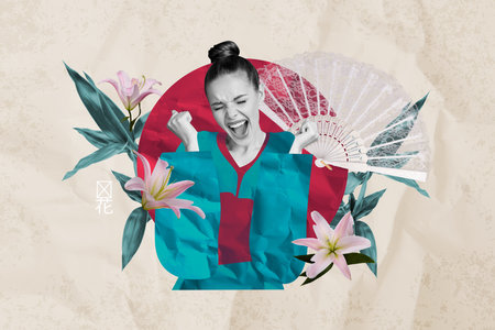 Sketch template design photo collage composite of excited emotion face young lady smile lily flower asia traditional eastern culture fanの写真素材