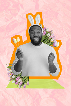 Trend artwork composite photo collage design of young man smile hand hold egg decor congratulation...