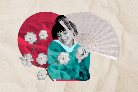 Composite 3D collage trend artwork template design of japanese sakura national cultural air fan tradition portrait yyoung lady smileの写真素材