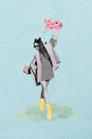 Composite sketch design 3D photo collage of international woman day spring plant nature young woman walk hold bunch gift hairdo sunglassの写真素材