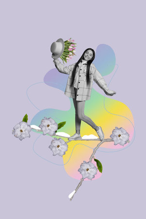 Exclusive image vertical photo collage of happy glamour girl walk tree branch celebration spring weather melt snow flower bloomの写真素材