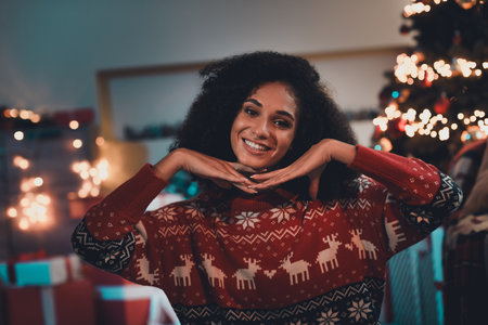 Photo of nice young girl show frame face wear ornament clothes enjoy cozy christmas decoration interior flat indoorsの写真素材