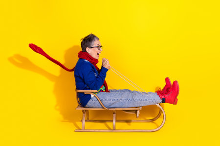 Profile side photo of good mood cute lovely charming senior lady having fun riding sledge isolated on yellow color backgroundの写真素材
