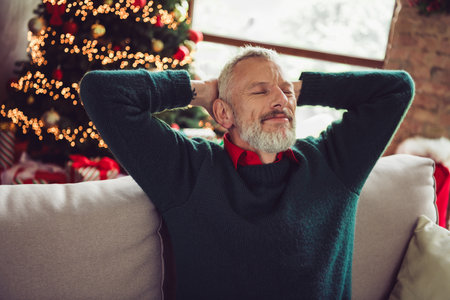 Portrait of nice aged man sit sleep sofa wear sweater new year xmas holiday flat indoorsの写真素材