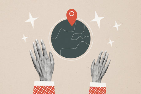 Composite trend artwork sketch image photo collage of copyspace travel moving earth globe planet cosmos geo point location huge hands upの写真素材