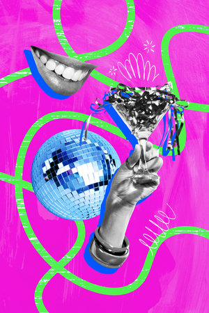 Trend artwork sketch photo collage of pink vibrant color backdrop line doodle party discoball dance listen music drink cocktailの写真素材