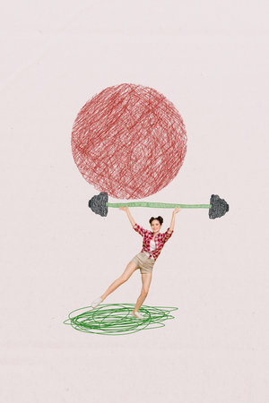 Vertical photo collage of happy sportive girl doing weightlifting exercise dumbbell deadlift stamina gym isolated on painted backgroundの写真素材