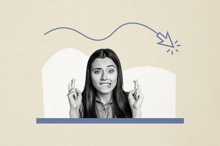 Composite trend artwork sketch collage of caricature young woman confused face nervous gesture pray want wish arrow down crisis decreaseの写真素材