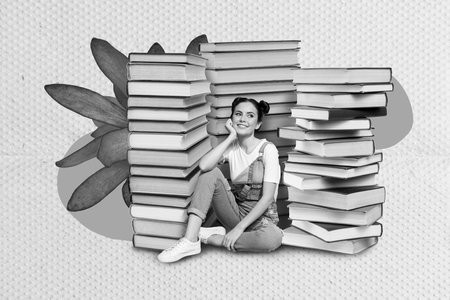 Composite collage of minded positive little girl sitting big pile stack book brainstorm isolated on painted backgroundの写真素材