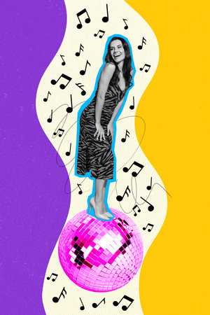 Composite 3D photo collage design trend sketch of young lady model posing smile cute stand discoball event nightclub rest weekend partyの写真素材