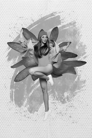 Vertical collage picture of cheerful pretty girl jumping big flower isolated on drawing creative backgroundの写真素材