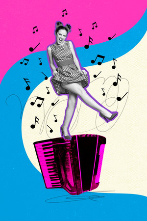 3D collage poster template trend artwork sketch of pinup style young lady dance accordion music notes night carefree clubber occasion restの写真素材