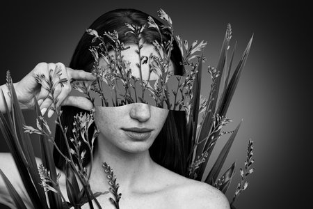 Creative banner poster collage of lady fantasy nature princess hide from green grass countryside fieldの写真素材