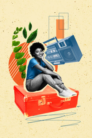 Vertical photo collage of happy american girl sit boombox retro recorder weekend event celebration leaves isolated on painted backgroundの写真素材