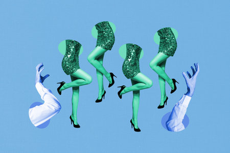 Composite trend artwork sketch image photo collage of dummy legs bodyless fragment appear hole dance dress hand gesture catchの写真素材