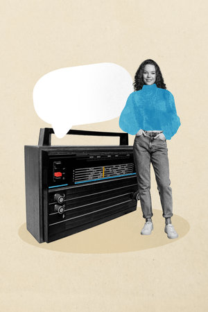 Sketch image trend artwork montage 3D photo collage of party rest night occasion nightclub radio recorder message bulb young lady standの写真素材