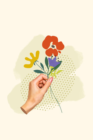 Poster image vertical photo collage of hand hold cartoon doodle spring bouquet celebration florist sale march bunch surpriseの写真素材