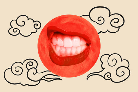 Trend artwork sketch design montage 3D collage of abstract mouth red lips teeth grimace cloud tradition culture national ornament textureの写真素材