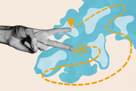 Creative sketch collage of hand show two fingers scissors gesture cut map geolocation destination...