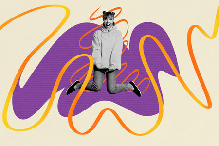 Creative composite sketch design artwork collage of surreal space line ribbon young woman excited...
