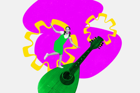 3d sketch poster trend collage image of happy cute lady dance guitar concert performance music...