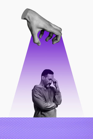 Art image vertical photo collage of puzzled man hold head migraine pain hand show beam pressure problem stereotypeの写真素材