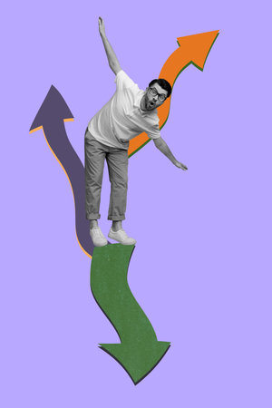Trend collage template composite sketch of arrow showing route choice target goal graphics young man confused stand different directionの写真素材