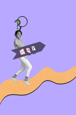 Poster image photo collage of confused girl walk carry arrow pointer way magnifier search turn...