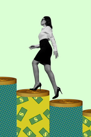 Exclusive image vertical photo collage of happy businesswoman climb career ladder coin income success profit developmentの写真素材