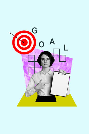 Vertical photo collage of serious businesswoman holding clipboard with target, career goal, achievement, and progress.の写真素材