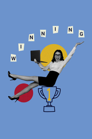 Sketch image trend artwork montage 3D photo collage of aim triumph leadership winner goal young lady sit trophy hold laptop winningの写真素材