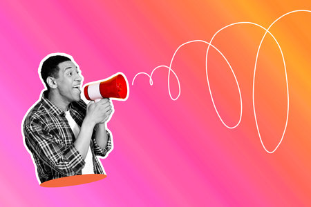 Composite art 3d creative image collage of happy american man scream megaphone strike agitation demonstration on gradient backgroundの写真素材