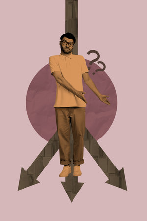 Vertical 3d artwork collage of minded man sit arrow decline statistics regress confusion bankruptcy...