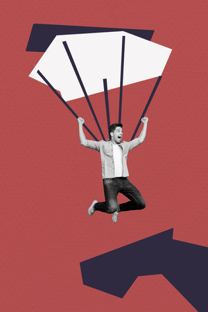 Trend artwork banner sketch 3D photo collage of young guy excited emotion face fly high extreme summer travel parachutist air skydiveの写真素材