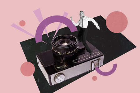 Contemporary art banner collage of happy dandy man dance retro camera shooting photo zone valentine occasion fashion model poseの写真素材