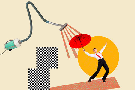 Exclusive art banner collage of happy gentleman hold umbrella rain cyclone vacuum cleaner duty houseman household choresの写真素材