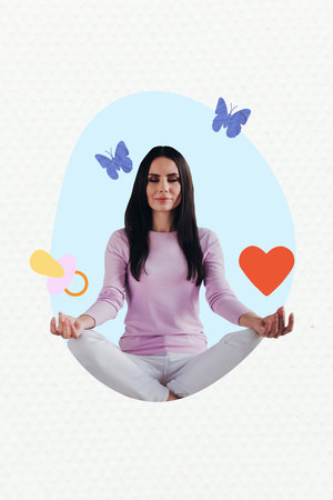 Vertical sketch 3d collage poster of happy focused girl do yoga meditation lotus pose baby pacifier heart icon spring holidayの写真素材