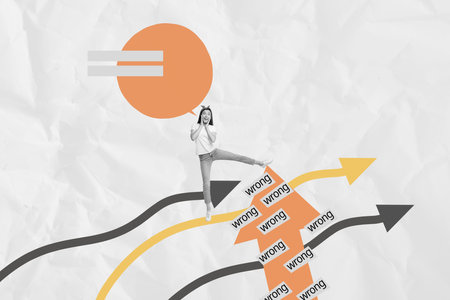 Creative trend artwork design 3D collage sketch of hr hiring arrow show wrong direction point young woman shocked stand speech cloud talkの写真素材